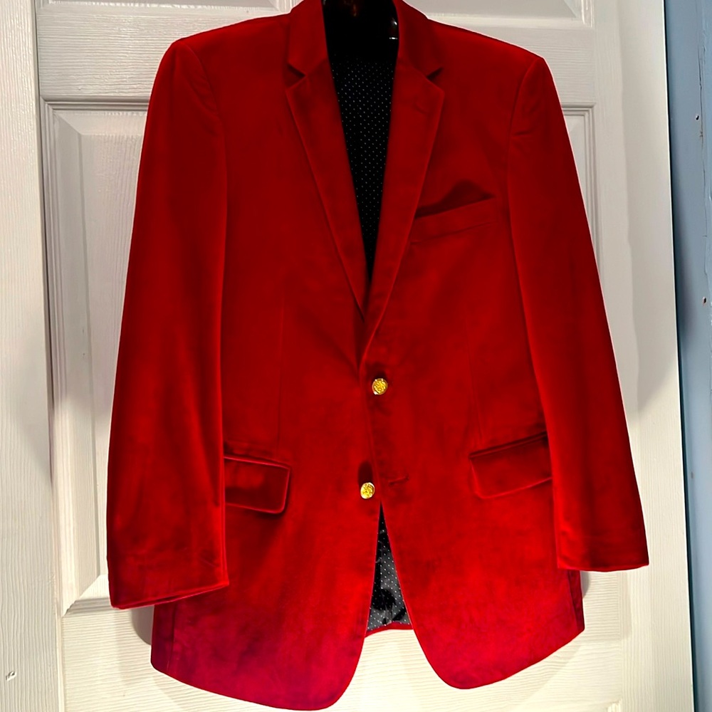 Holiday Red !! Velvet Blazer. Custom Gold Brass Buttons size (US)40 Men’s.